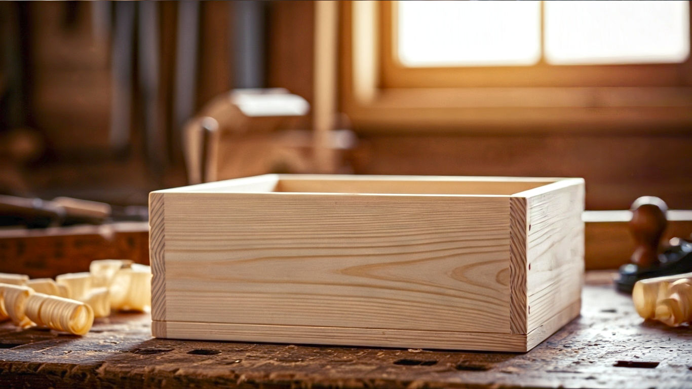 A hyper-realistic photograph in the style of a practical workshop feature for a magazine like The English Home. The image shows an unfinished pine wood box on a rustic, sawdust-dusted workbench. In the soft-focus background, you can see other classic British workshop tools like a tenon saw and a Stanley plane. The lighting is bright but natural, coming from a nearby window, creating a mood of productive, satisfying craftsmanship.