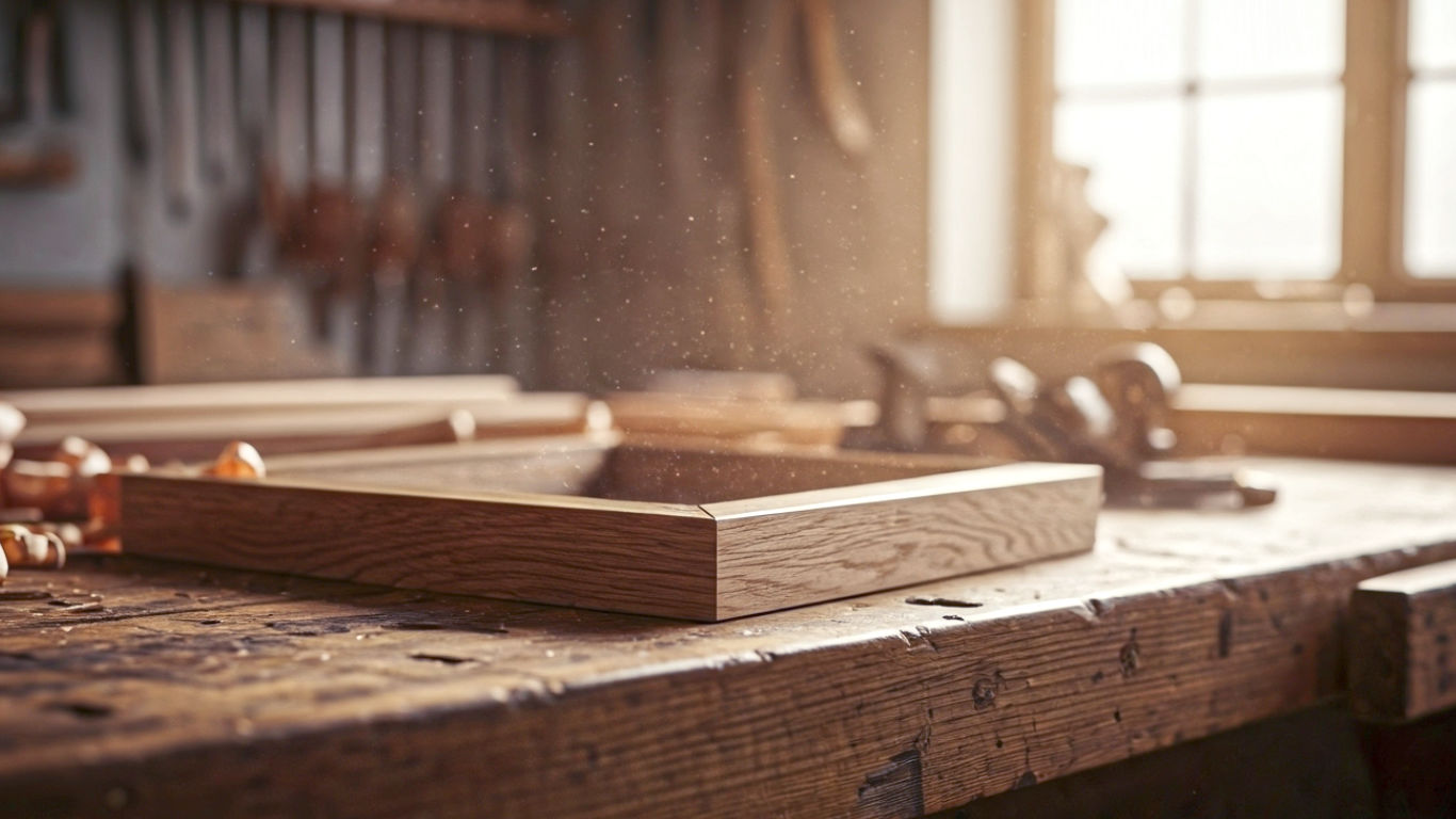 The image shows a freshly glued oak picture frame on a rustic, well-used wooden workbench in a British workshop. Soft, natural light streams in from a nearby window, illuminating sawdust motes in the air. In the background, other traditional tools like chisels and a hand plane are visible but slightly out of focus. The mood is one of craftsmanship, quality, and quiet satisfaction.