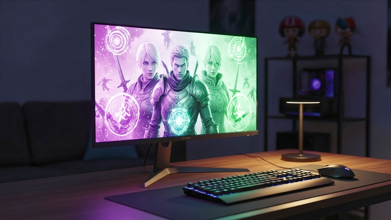 A hyper-realistic, professional photograph of the LG UltraGear 27GR93U gaming monitor on a sleek, dark wooden desk. The monitor displays a vibrant, action-packed scene from a popular fantasy RPG, with glowing magic effects lighting up the screen. To the side of the monitor, a modern gaming keyboard and mouse are subtly illuminated by a soft, warm desk lamp. In the background, the room is dimly lit, with a few collectible gaming figures visible on a shelf, creating a cosy and authentic British gaming den atmosphere.