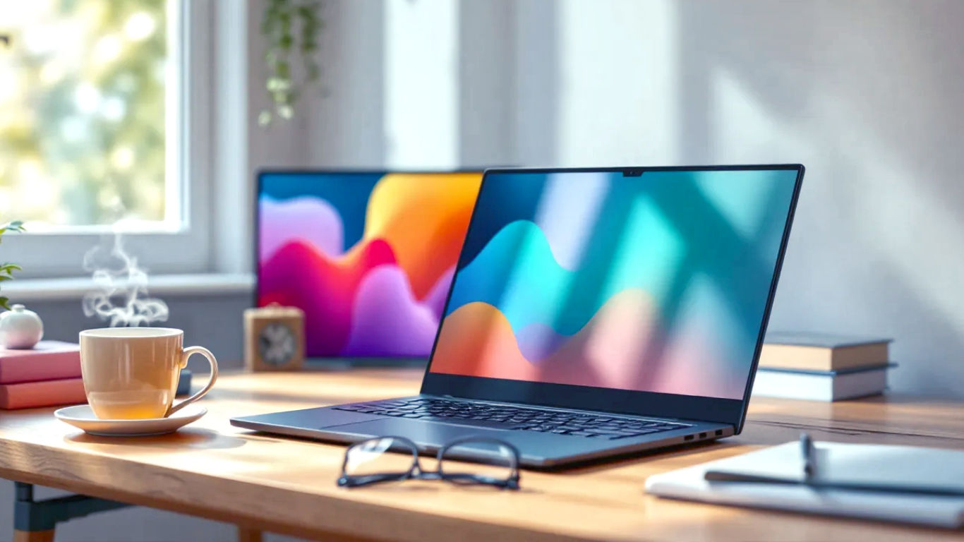 A hyper-realistic, professional photograph of the Lenovo IdeaPad Slim 3 16-inch laptop on a modern wooden desk in a bright, airy British home office. The laptop is open, displaying a colourful and clean Windows 11 desktop. To the side, there is a stylish ceramic mug of tea with a wisp of steam, a pair of glasses, and a neat stack of A-level textbooks. Soft, natural light streams in from a nearby window, reflecting gently off the screen. The mood is calm, productive, and aspirational.