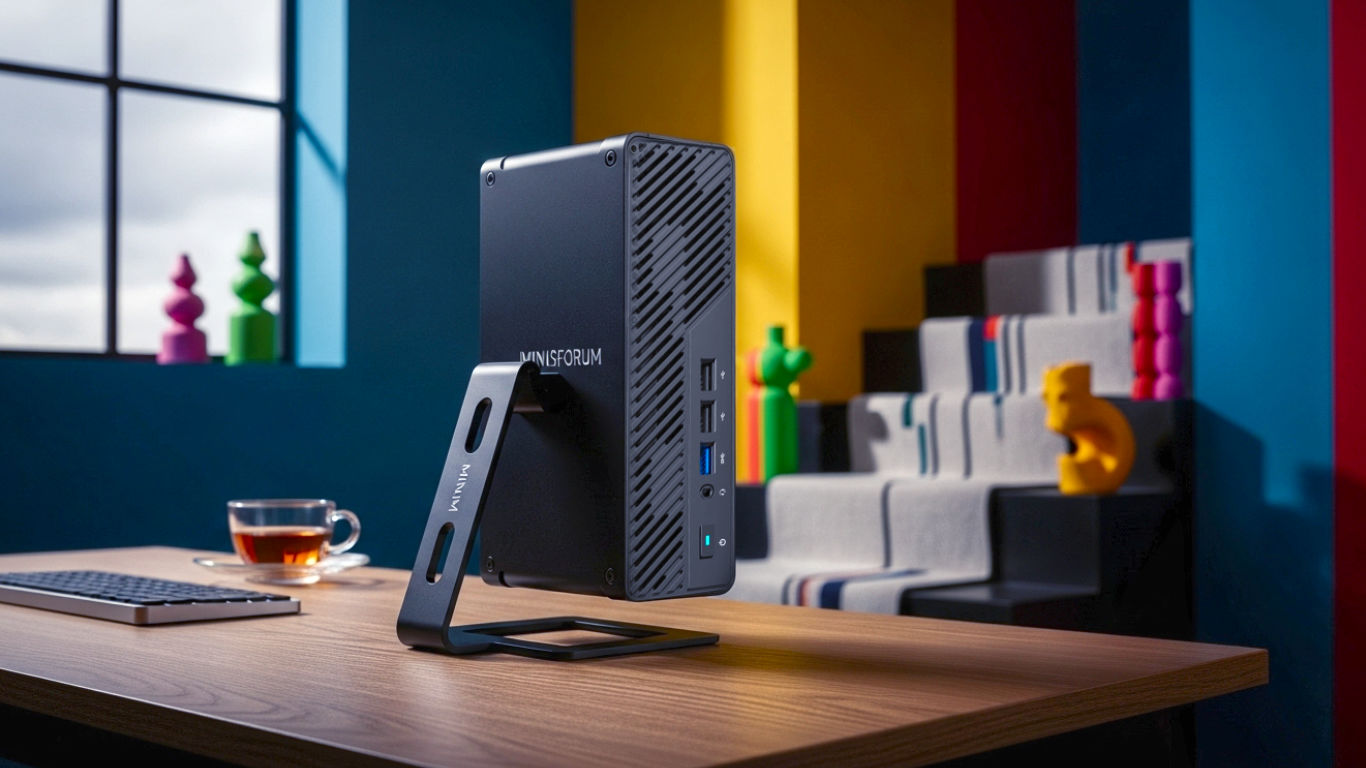 A hyper-realistic, professional product photograph of the MINISFORUM MS-01 mini workstation. The device should be standing vertically on its included stand, positioned slightly off-centre on a clean, modern oak desk in a stylish British home office. In the soft-focus background, a window shows a typical grey British sky, and a cup of tea sits next to a sleek keyboard. The lighting should be soft and diffused, highlighting the machine's black metal texture and the impressive array of ports on its back panel. The mood is professional, powerful, and sophisticated, perfectly capturing the theme of immense power in a compact, elegant form. Style of a high-end tech magazine feature.