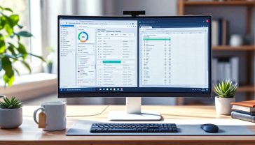 A hyper-realistic, professional photograph in the style of a modern tech magazine. The shot is a slightly angled, eye-level view of a clean, organised British home office desk. The central focus is the MSI PRO MP251 monitor, displaying a crisp, colourful spreadsheet and a video conference call side-by-side. The desk is made of light oak, and on it sits a sleek wireless keyboard, a mouse, a stylish ceramic mug with a tea bag tag hanging out, and a small succulent plant in a concrete pot. Soft, natural light streams in from a window to the left, creating gentle highlights on the monitor's thin bezel. The background is slightly blurred, showing a neat bookshelf. The overall mood is productive, calm, and professional, with a distinctly British feel.