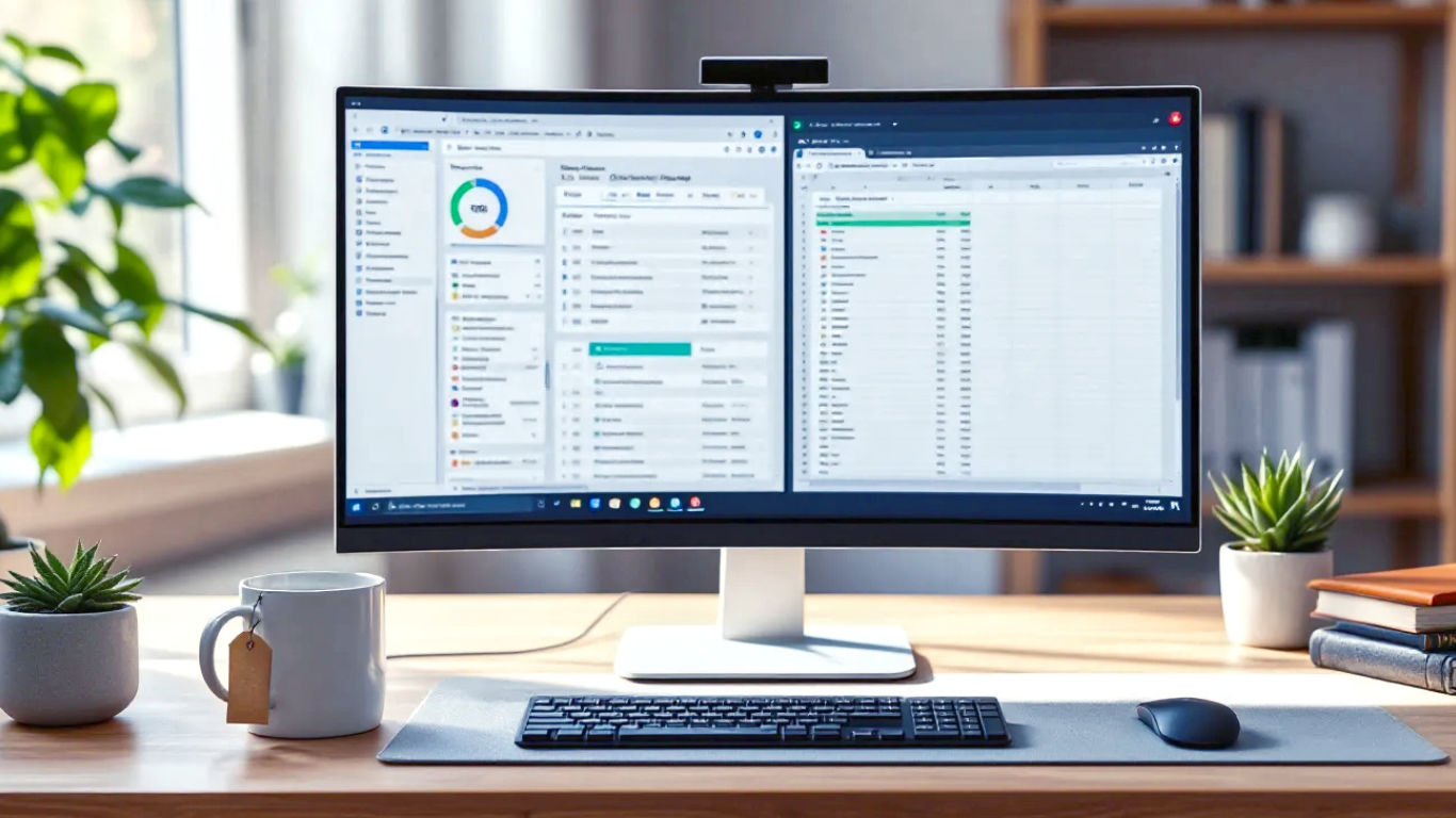A hyper-realistic, professional photograph in the style of a modern tech magazine. The shot is a slightly angled, eye-level view of a clean, organised British home office desk. The central focus is the MSI PRO MP251 monitor, displaying a crisp, colourful spreadsheet and a video conference call side-by-side. The desk is made of light oak, and on it sits a sleek wireless keyboard, a mouse, a stylish ceramic mug with a tea bag tag hanging out, and a small succulent plant in a concrete pot. Soft, natural light streams in from a window to the left, creating gentle highlights on the monitor's thin bezel. The background is slightly blurred, showing a neat bookshelf. The overall mood is productive, calm, and professional, with a distinctly British feel.