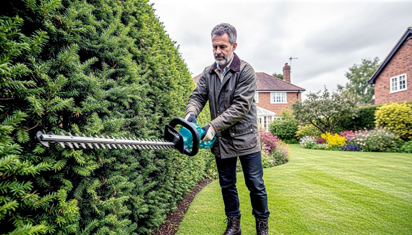 The image captures a British man in his late 40s, wearing practical gardening clothes (Barbour-style jacket, sturdy boots), expertly trimming a neat yew hedge in a beautiful, classic English garden. The Makita DUH523Z hedge trimmer is the clear focus, shown in crisp detail. The lighting is soft, overcast daylight, typical of the UK, which brings out the rich greens of the hedge and lawn. The background shows a charming brick house and colourful flower borders, creating a mood of peaceful, satisfying garden maintenance. The composition is a medium shot, slightly angled to showcase both the tool and the pristine results of its work.