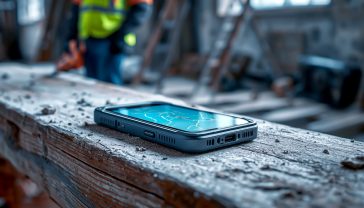 A hyper-realistic, professional photograph showing the OUKITEL WP36 phone resting on a weathered wooden workbench inside a British construction site. Sawdust is scattered around. In the background, a builder in a high-vis jacket is out of focus. The phone's screen is on, displaying a bright, clear map. The lighting is natural, coming from a nearby window, highlighting the phone's rugged texture and solid build. The mood is authentic, practical, and trustworthy.