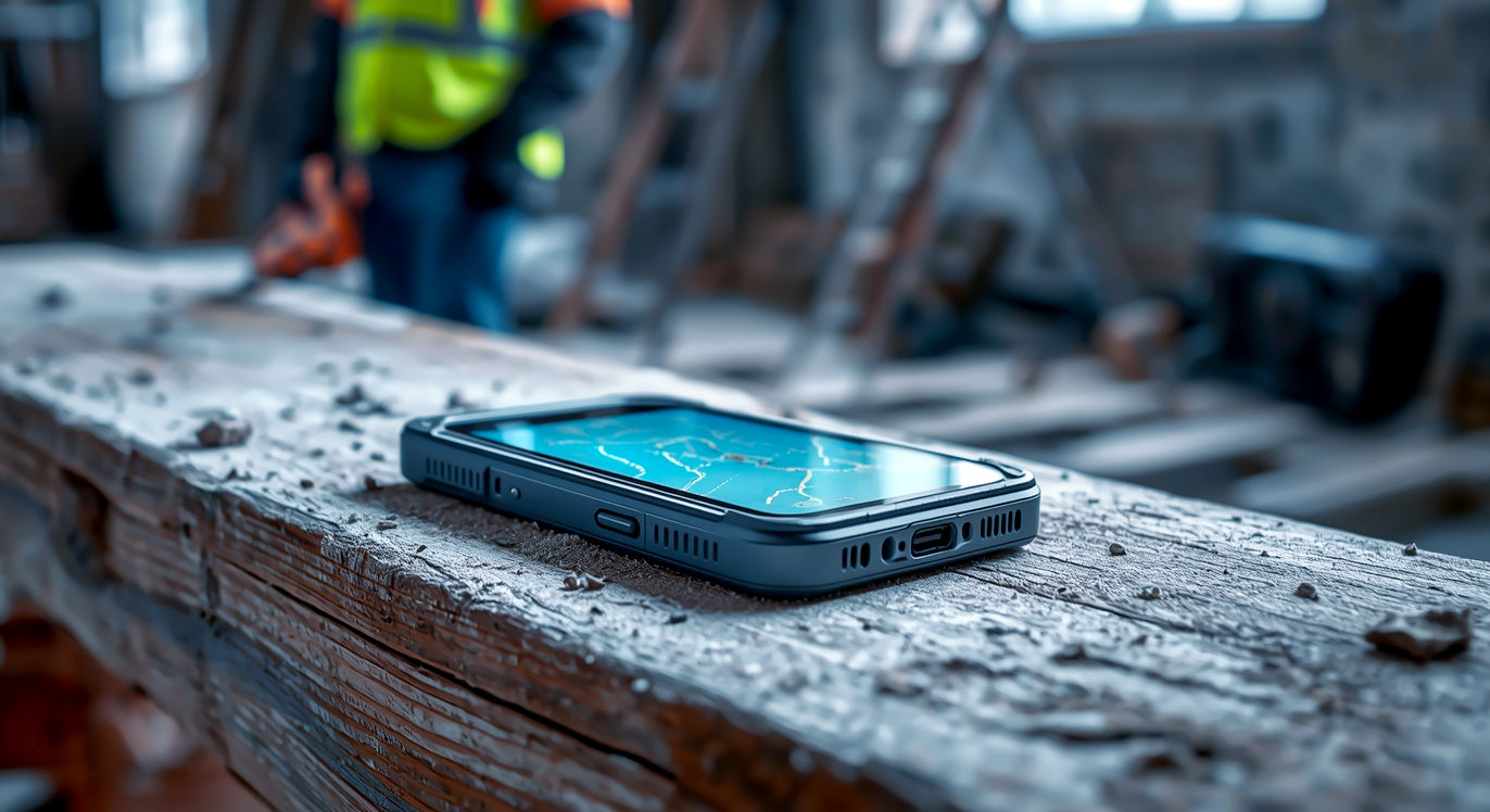 A hyper-realistic, professional photograph showing the OUKITEL WP36 phone resting on a weathered wooden workbench inside a British construction site. Sawdust is scattered around. In the background, a builder in a high-vis jacket is out of focus. The phone's screen is on, displaying a bright, clear map. The lighting is natural, coming from a nearby window, highlighting the phone's rugged texture and solid build. The mood is authentic, practical, and trustworthy.