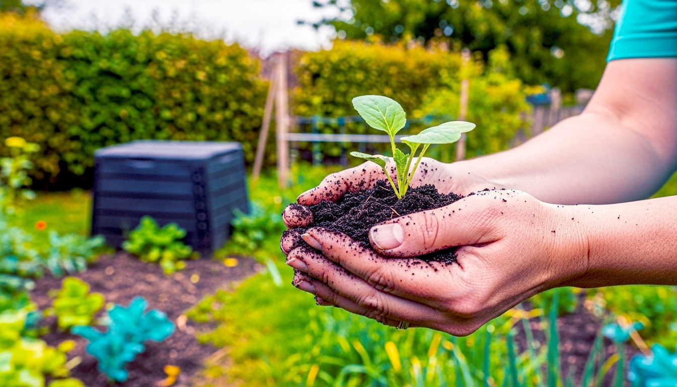 A hyper-realistic photograph in the style of a BBC Gardeners' World feature. A British gardener's hands, covered in rich, dark soil, are tenderly cupping a young vegetable seedling. In the soft-focus background, a vibrant, lush garden with a traditional wooden compost bin is visible under the gentle, overcast light typical of a British summer morning. The mood is authentic, hopeful, and deeply connected to the earth.