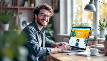 A hyper-realistic photograph in the style of a modern tech magazine. A young, creative person is sat at a wooden desk in a bright, airy home office in London, smiling confidently at their laptop. The screen shows a vibrant, well-designed personal portfolio website. The mood is optimistic, professional, and inspiring. Soft, natural light fills the room, highlighting coding books and a cup of tea on the desk.