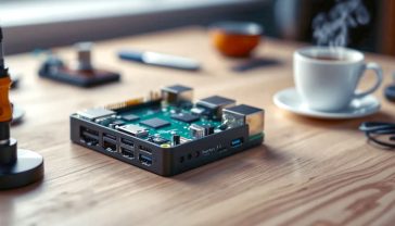 A hyper-realistic, professional photograph in the style of a tech magazine product shoot. A fully assembled iRasptek Raspberry Pi 5 in its sleek black aluminium case sits on a modern, light oak workbench. The Pi is the hero of the shot, slightly angled to show the ports. In the soft-focus background, you can see quintessential British tinkerer’s tools: a soldering iron in its stand, a mug of tea with steam gently rising, and a coil of wires. The lighting is clean and bright, with a single, soft key light from the side, creating a sense of sophisticated innovation. The mood is inspiring, accessible, and distinctly British.