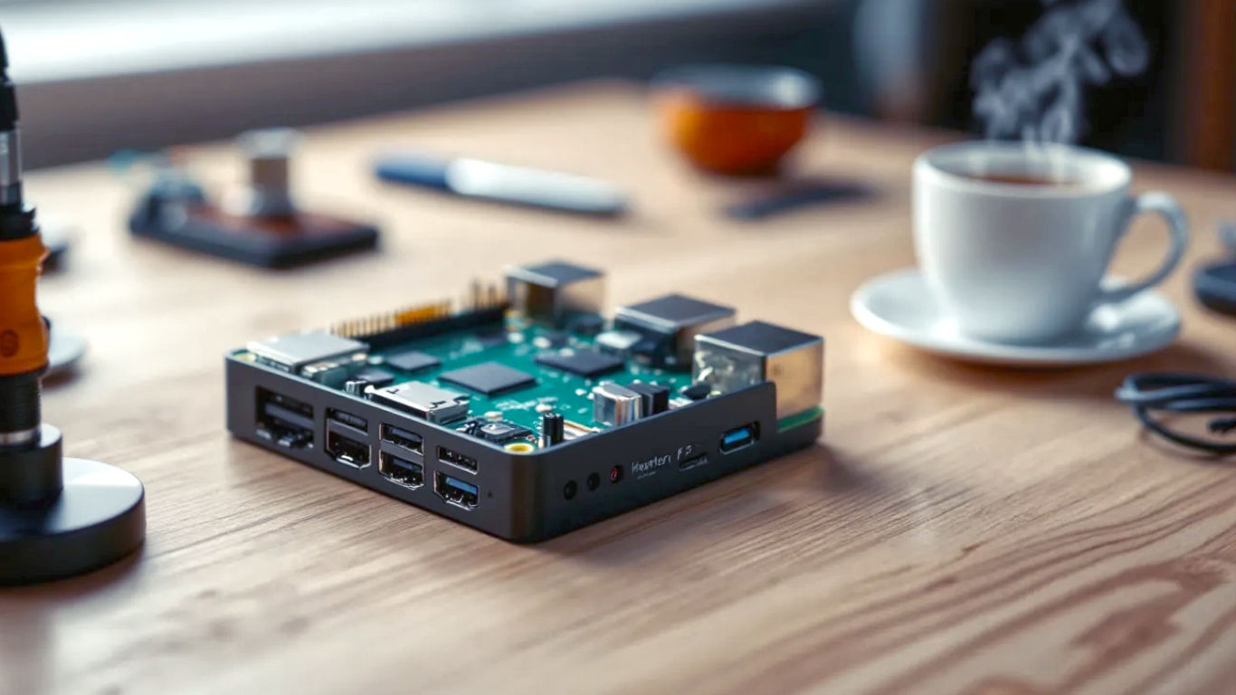 A hyper-realistic, professional photograph in the style of a tech magazine product shoot. A fully assembled iRasptek Raspberry Pi 5 in its sleek black aluminium case sits on a modern, light oak workbench. The Pi is the hero of the shot, slightly angled to show the ports. In the soft-focus background, you can see quintessential British tinkerer’s tools: a soldering iron in its stand, a mug of tea with steam gently rising, and a coil of wires. The lighting is clean and bright, with a single, soft key light from the side, creating a sense of sophisticated innovation. The mood is inspiring, accessible, and distinctly British.