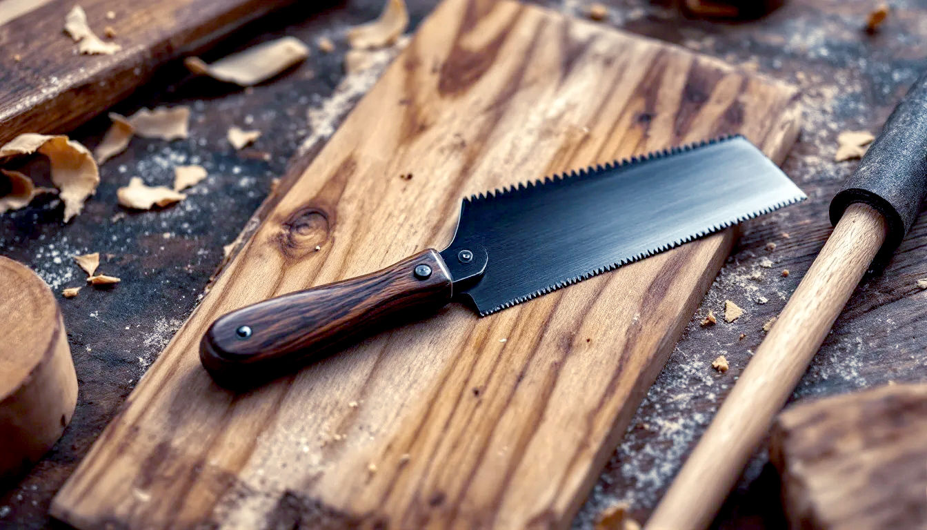 A hyper-realistic, professional photograph in the style of a high-end woodworking magazine. The shot is a close-up, top-down view of the double-edged SUIZAN Japanese Flush Cut Saw, with one ultra fine set of teeth and another slightly rougher set of teeth, resting on a piece of beautifully grained British oak on a rustic workbench. The saw's flexible blade is slightly bent to demonstrate its key feature. Next to it lies a freshly cut, perfectly flush wooden dowel. The scene is bathed in soft, natural light from a workshop window, with a few clean wood shavings scattered artfully. The mood is one of quiet craftsmanship, precision, and quality.