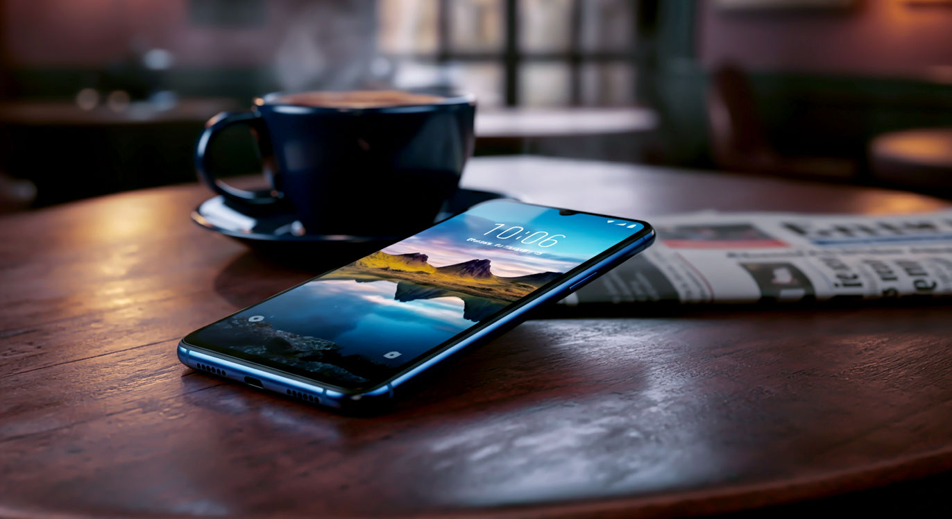 A hyper-realistic, professional product photograph showing the Samsung Galaxy A15 in the "Blue Black" colour. The phone is angled slightly to showcase its flat edges and the "Key Island" feature. It rests on a rustic wooden table in a cosy British cafe, next to a steaming cup of tea and a copy of The Guardian newspaper slightly out of focus in the background. The phone's brilliant Super AMOLED screen is on, displaying a vibrant picture of the Scottish Highlands, highlighting its colour and clarity. The lighting is soft and natural, coming from a nearby window, creating a warm, inviting, and authentically British atmosphere. The style should be clean, high-end, and relatable, like a photo from a TechRadar or Wired UK review.
