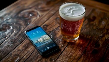 A professional, hyper-realistic lifestyle photograph showing the Samsung Galaxy A55 5G in 'Awesome Navy' resting on a rustic wooden pub table. Next to the phone is a classic pint of British ale with condensation on the glass. The phone screen is on, displaying a vibrant photo of a scenic UK landmark like the White Cliffs of Dover. The lighting is soft and warm, evoking a cosy, welcoming British pub atmosphere. The composition is clean, with the phone as the hero, and the background is slightly out of focus.