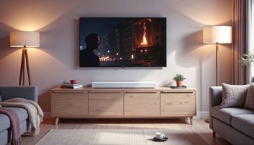Hyper-realistic, professional photograph in the style of a modern interior design magazine. A sleek, white Sonos Ray soundbar sits neatly on a light oak media unit below a wall-mounted TV showing a dramatic, cinematic scene. The living room is styled with a cosy, contemporary British aesthetic: a grey sofa with a knitted throw, a cup of tea on a coaster, and soft, warm lighting from a floor lamp. The mood is inviting and relaxing, perfectly capturing a British night in.