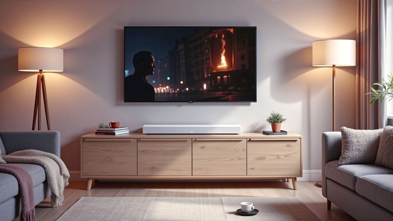 Hyper-realistic, professional photograph in the style of a modern interior design magazine. A sleek, white Sonos Ray soundbar sits neatly on a light oak media unit below a wall-mounted TV showing a dramatic, cinematic scene. The living room is styled with a cosy, contemporary British aesthetic: a grey sofa with a knitted throw, a cup of tea on a coaster, and soft, warm lighting from a floor lamp. The mood is inviting and relaxing, perfectly capturing a British night in.