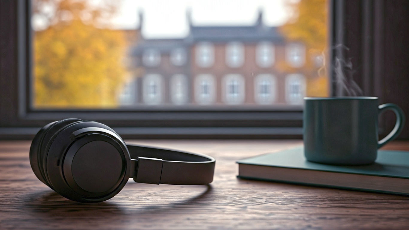 A hyper-realistic, professional product photograph. A pair of black Sony WH-1000XM4 headphones rests on a rustic wooden table next to a steaming mug of tea and a notebook. Soft, natural light streams in from a window, revealing a slightly blurred view of a typical British terraced street in autumn. The mood is calm, cosy, and focused, highlighting the headphones as an essential tool for quiet concentration and daily life.