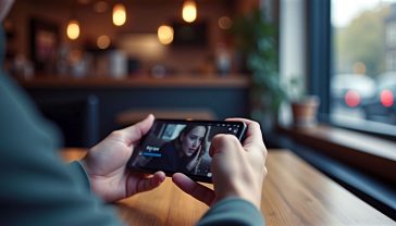 A hyper-realistic, professional lifestyle photograph. A person is sitting at a wooden table in a cosy, modern British café with a soft, warm, out-of-focus background. Their hands are holding the black Sony Xperia 10 VI horizontally, watching a movie that fills the 21:9 screen. The lighting is soft and natural, coming from a nearby window, highlighting the phone's slim, practical design and matte finish. The mood is relaxed, comfortable, and focused on everyday entertainment.