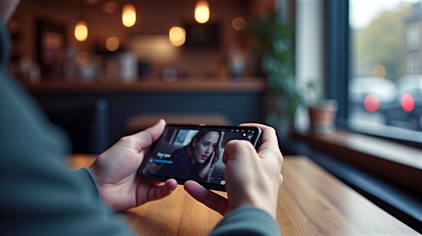 A hyper-realistic, professional lifestyle photograph. A person is sitting at a wooden table in a cosy, modern British café with a soft, warm, out-of-focus background. Their hands are holding the black Sony Xperia 10 VI horizontally, watching a movie that fills the 21:9 screen. The lighting is soft and natural, coming from a nearby window, highlighting the phone's slim, practical design and matte finish. The mood is relaxed, comfortable, and focused on everyday entertainment.