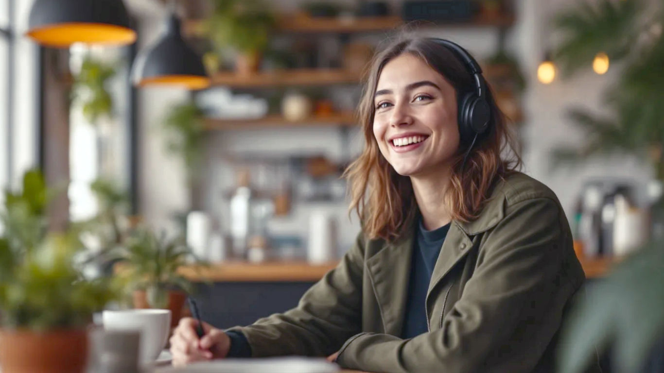 A hyper-realistic, professional photograph in the style of a modern tech magazine. A young, creative British person is vlogging in a bright, airy London coffee shop with industrial-chic decor. The background is softly blurred, highlighting the camera's shallow depth of field capabilities. The lighting is soft and natural, coming from a large window, creating a warm and inviting mood. The overall aesthetic is clean, aspirational, and focused on modern content creation in a relatable UK setting.