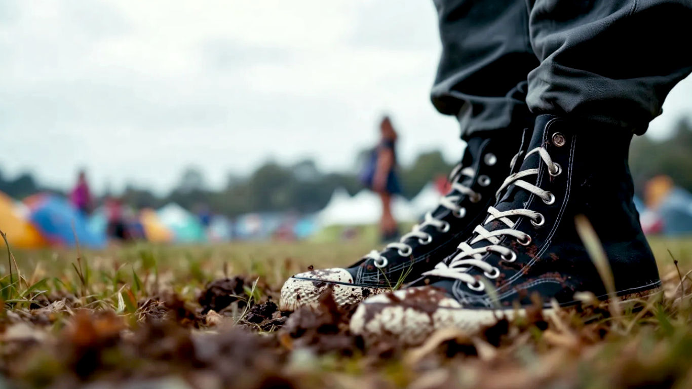 A hyper-realistic, professional photograph in the style of a modern fashion magazine editorial. The shot captures a pair of classic black high-top Converse All-Stars, slightly worn and splattered with mud, resting on the grass at a British music festival. In the background, out-of-focus festival-goers and colourful tents are visible under a typically overcast British sky. The lighting is soft and natural, evoking a mood of cool, effortless nostalgia and authentic British youth culture. The composition is a detailed close-up on the shoes.