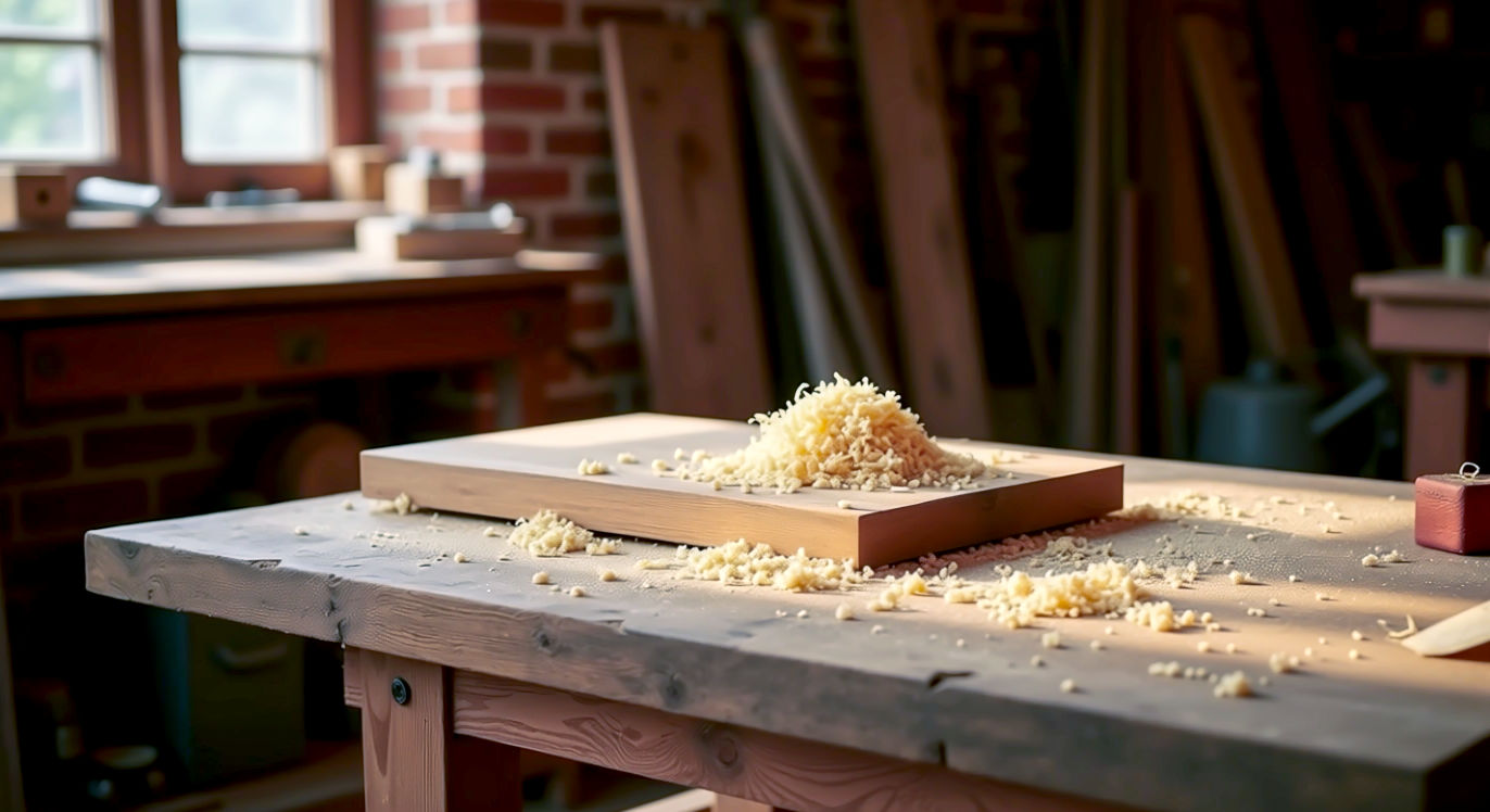 A hyper-realistic, professional photograph in the style of a high-end woodworking magazine. The shot is taken in a classic British workshop, with exposed brick walls and wooden beams. A piece of beautifully planed, smooth English oak sits on a workbench surrounded by woodshavings and sawdust. No tools are on the workbench. Soft, natural light streams in from a nearby window, highlighting the fine wood shavings curling up from the freshly planed surface. The mood is one of craftsmanship, precision, and quiet satisfaction. The composition is clean and focused.