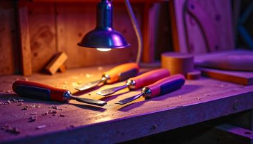 The scene is a classic British shed, warmly lit by a low-hanging workshop lamp. The VonHaus 10-piece chisel set, with orange and black plastic handles is open on a rustic, weathered wooden workbench. A few chisels are laid out neatly next to a half-finished project, like a dovetail joint on a piece of English oak. Wood shavings are scattered artfully around. The mood is warm, inviting, and inspiring, with a shallow depth of field focusing on the crisp, sharp edge of one of the chisels, evoking a sense of quality, tradition, and hands-on craftsmanship.