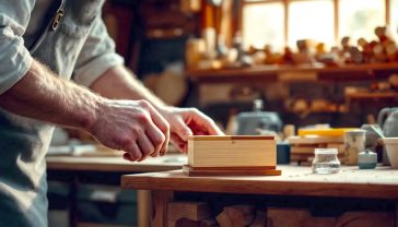 The scene is a cosy, well-organised British workshop shed with soft, natural light coming from a window. In the foreground, a pair of capable, clean hands (male, 40s) is applying a final coat of oil to a beautifully crafted small wooden box made from contrasting light and dark wood offcuts. In the shallow-focus background, a tidy offcut rack is visible with various small pieces of oak, walnut, and cherry wood neatly stored. The overall mood is one of quiet satisfaction, craftsmanship, and sustainable creativity.