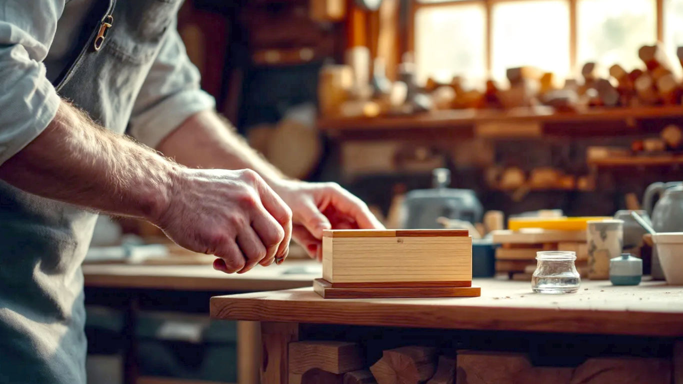 The scene is a cosy, well-organised British workshop shed with soft, natural light coming from a window. In the foreground, a pair of capable, clean hands (male, 40s) is applying a final coat of oil to a beautifully crafted small wooden box made from contrasting light and dark wood offcuts. In the shallow-focus background, a tidy offcut rack is visible with various small pieces of oak, walnut, and cherry wood neatly stored. The overall mood is one of quiet satisfaction, craftsmanship, and sustainable creativity.