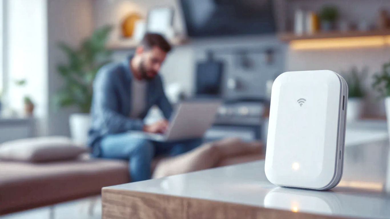 A hyper-realistic, professional photograph showing a modern British living room with a person in the background looking frustrated at a buffering laptop. In the foreground, in sharp focus on a clean kitchen counter, sits the small white Xiaomgu Wi-Fi Booster, glowing subtly. The style is bright and aspirational, like a feature in Ideal Home magazine, with soft, natural lighting. The mood conveys a simple, elegant solution to a common household problem.