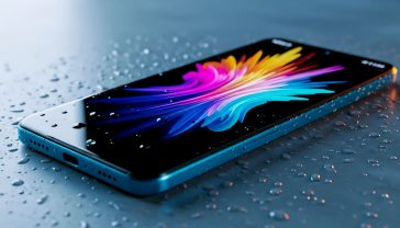 A hyper-realistic, professional product photograph of the Xiaomi Redmi Note 14 in Ocean Blue. The phone is placed at a slight angle on a cool, slate grey surface, with subtle water droplets clinging to it to hint at its IP54 splash resistance. The 120Hz AMOLED screen is on, displaying a vibrant, colourful abstract wallpaper that shows off the deep blacks and rich colours. The lighting is soft and diffused, coming from the side to highlight the phone's slim profile and modern design. The background is slightly out of focus, creating a premium, clean aesthetic perfect for a UK tech publication.