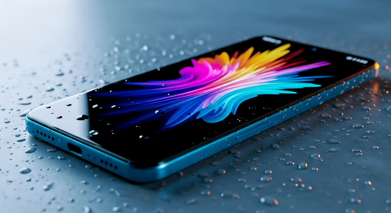 A hyper-realistic, professional product photograph of the Xiaomi Redmi Note 14 in Ocean Blue. The phone is placed at a slight angle on a cool, slate grey surface, with subtle water droplets clinging to it to hint at its IP54 splash resistance. The 120Hz AMOLED screen is on, displaying a vibrant, colourful abstract wallpaper that shows off the deep blacks and rich colours. The lighting is soft and diffused, coming from the side to highlight the phone's slim profile and modern design. The background is slightly out of focus, creating a premium, clean aesthetic perfect for a UK tech publication.