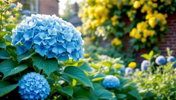 A hyper-realistic, professional photograph in the style of a BBC Gardeners' World magazine cover. The shot captures a beautiful, mature British garden in early summer. In the foreground, a stunning deep blue Hydrangea 'Mophead' is in full bloom, its petals glistening with morning dew. To the left, the distinctive, architectural leaves of a Hosta 'Frances Williams' create a lush, green texture. In the background, a traditional brick wall is covered in the fragrant, creamy-yellow flowers of a climbing Honeysuckle. The lighting is soft and golden, suggesting a peaceful morning. The overall mood is aspirational, vibrant, and quintessentially British.