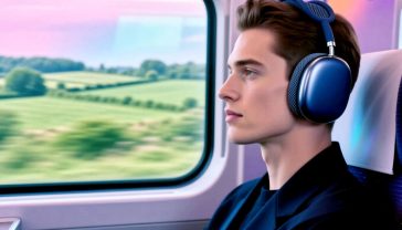 A hyper-realistic, professional photograph in the style of a Wallpaper* magazine product shoot. An individual is sitting in a modern, minimalist British train carriage with large windows showing a slightly blurred view of the green English countryside passing by. They are wearing the 'Midnight' colour 'Apple AirPods Max', looking relaxed and immersed. The soft, natural light from the window highlights the premium textures of the headphones—the brushed aluminium earcups and the knitted mesh headband. The composition is clean and aspirational, focusing on the product in a real-world luxury context, evoking a sense of calm and premium travel.