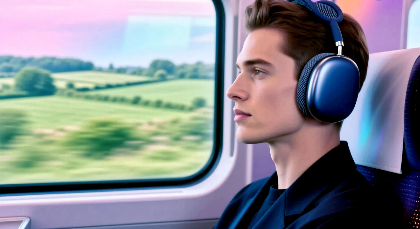 A hyper-realistic, professional photograph in the style of a Wallpaper* magazine product shoot. An individual is sitting in a modern, minimalist British train carriage with large windows showing a slightly blurred view of the green English countryside passing by. They are wearing the 'Midnight' colour 'Apple AirPods Max', looking relaxed and immersed. The soft, natural light from the window highlights the premium textures of the headphones—the brushed aluminium earcups and the knitted mesh headband. The composition is clean and aspirational, focusing on the product in a real-world luxury context, evoking a sense of calm and premium travel.
