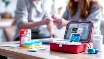 A hyper-realistic, professional photograph in the style of a clean, modern lifestyle blog. The image shows a well-organised, open first aid kit on a light wooden kitchen table. Contents like colourful plasters, sterile dressings, bandages, and a digital thermometer are neatly arranged. In the soft-focus background, a parent is calmly applying a plaster to a child's knee. The lighting is bright and natural, creating a warm, reassuring, and competent mood. The overall aesthetic is minimalist, trustworthy, and distinctly British.