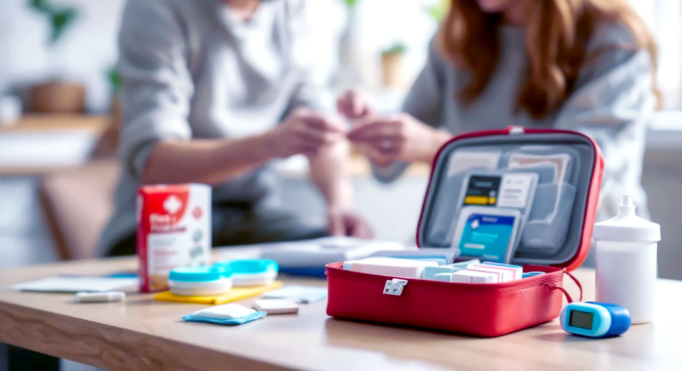 A hyper-realistic, professional photograph in the style of a clean, modern lifestyle blog. The image shows a well-organised, open first aid kit on a light wooden kitchen table. Contents like colourful plasters, sterile dressings, bandages, and a digital thermometer are neatly arranged. In the soft-focus background, a parent is calmly applying a plaster to a child's knee. The lighting is bright and natural, creating a warm, reassuring, and competent mood. The overall aesthetic is minimalist, trustworthy, and distinctly British.