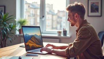 A hyper-realistic, professional photograph showing a young, creative British person at a brightly lit wooden desk in a modern, minimalist home office in London. They are smiling, looking at a laptop screen which displays a beautiful, crisp landscape photo of the Scottish Highlands next to a much smaller, compressed version, with a visible file size difference shown on screen. The mood is positive, organised, and empowering. Use soft, natural lighting from a nearby window. The style should be clean and aspirational, like a tech startup's branding.