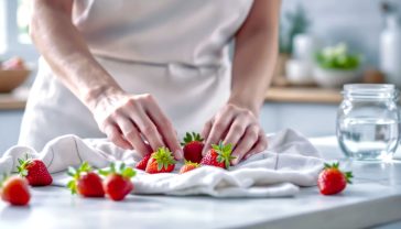 A hyper-realistic, professional photograph in the style of a BBC Good Food magazine cover. A pair of hands is gently placing perfect, vibrant red British strawberries onto a clean tea towel to dry. In the background, a bright, modern British kitchen with a Kilner jar and a bowl of water. The lighting is soft and natural, coming from a nearby window. The mood is fresh, clean, and optimistic, capturing the essence of a British summer's day.