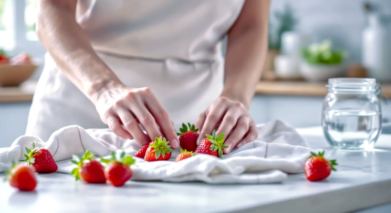 A hyper-realistic, professional photograph in the style of a BBC Good Food magazine cover. A pair of hands is gently placing perfect, vibrant red British strawberries onto a clean tea towel to dry. In the background, a bright, modern British kitchen with a Kilner jar and a bowl of water. The lighting is soft and natural, coming from a nearby window. The mood is fresh, clean, and optimistic, capturing the essence of a British summer's day.