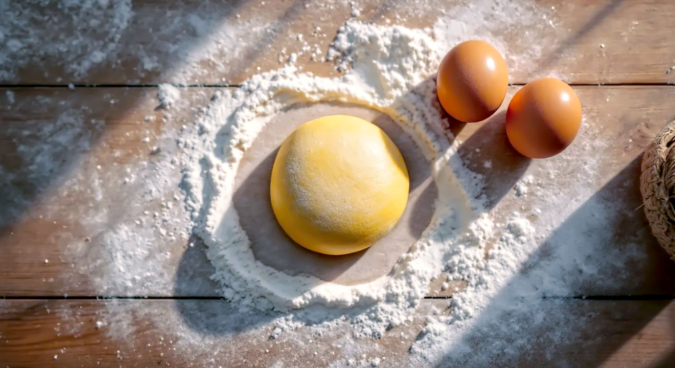 Professional food photography, top-down view of a rustic wooden kitchen work surface dusted with flour. In the centre, a perfectly smooth, round ball of golden pasta dough rests next to two cracked brown eggs and a small pile of '00' flour. Natural, soft window light from the side creates gentle shadows. The mood is warm, inviting, and artisanal. Shot on a high-resolution camera, sharp focus on the dough's texture.