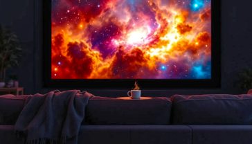 A hyper-realistic, professional photograph capturing the essence of a modern British home cinema. The shot is from a low angle behind a comfortable, dark grey fabric sofa where a cosy wool throw is casually draped. The focus is on a massive, vivid 120-inch projector screen displaying a stunning, colourful nebula from a sci-fi film. The room is dark and moody, with the only light coming from the screen's glow and subtle, warm bias lighting behind it. On a small oak side table next to the sofa, there's a stylish mug of tea with a wisp of steam rising. The composition feels intimate, immersive, and aspirational yet achievable.