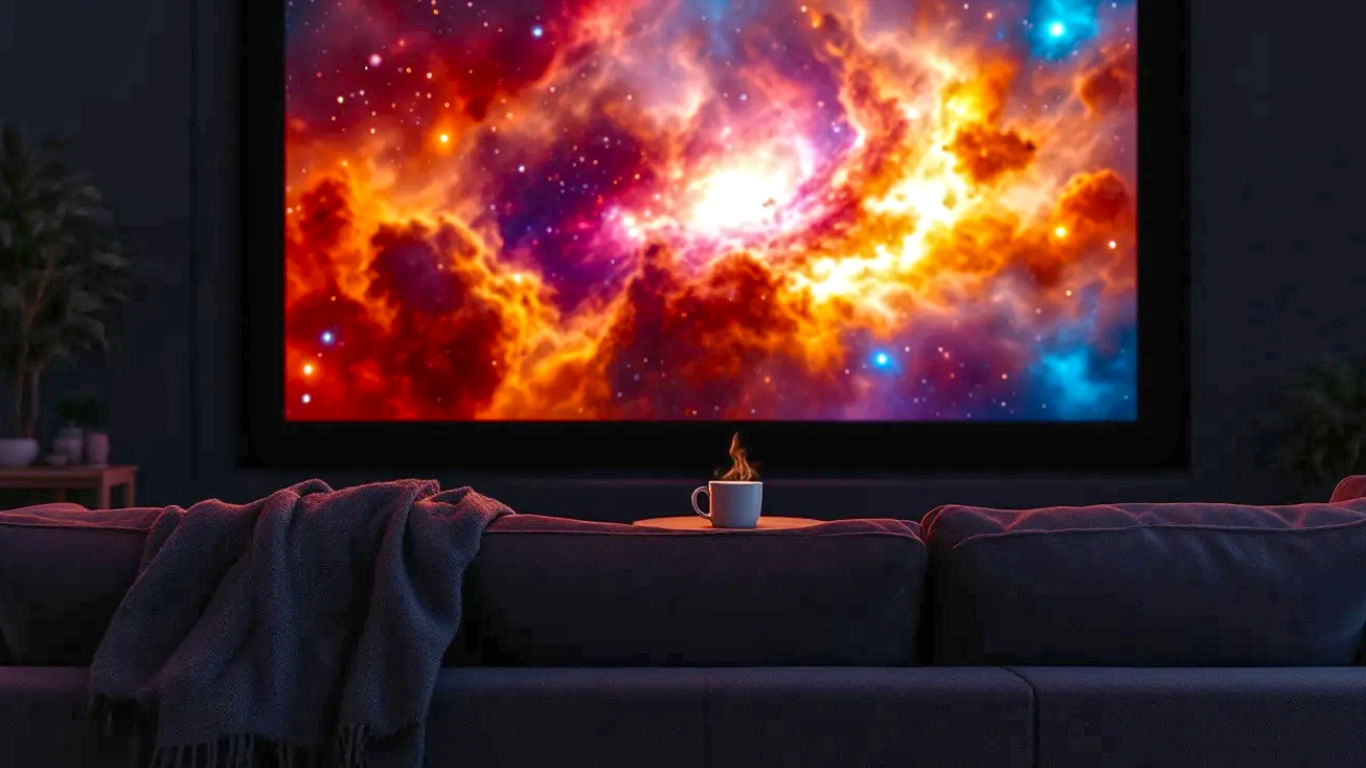A hyper-realistic, professional photograph capturing the essence of a modern British home cinema. The shot is from a low angle behind a comfortable, dark grey fabric sofa where a cosy wool throw is casually draped. The focus is on a massive, vivid 120-inch projector screen displaying a stunning, colourful nebula from a sci-fi film. The room is dark and moody, with the only light coming from the screen's glow and subtle, warm bias lighting behind it. On a small oak side table next to the sofa, there's a stylish mug of tea with a wisp of steam rising. The composition feels intimate, immersive, and aspirational yet achievable.