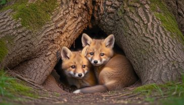 The shot captures two curious Red Fox kits, about six weeks old, peeking out from the entrance of their earthy den under the gnarled roots of an ancient oak tree. One kit is slightly bolder, its head and paws visible, while its sibling shyly looks over its shoulder. Their fur is a fluffy, sandy-red, and their eyes are a bright, inquisitive amber. The early morning, golden-hour light filters through a classic British bluebell wood, catching the soft edges of their fur and illuminating the dew on the surrounding moss. The mood is intimate, heartwarming, and quintessentially British, capturing a secret moment in the wild.