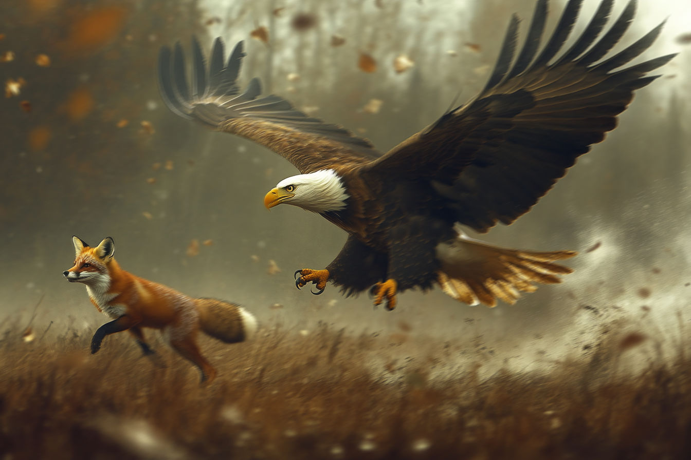 an eagle swooping to attack a fox