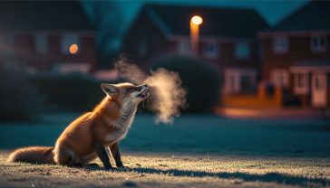 A hyper-realistic, professional wildlife photograph capturing a red fox mid-call on a frosty night in a British suburban garden. The fox's breath is visible in the cold air, illuminated by a soft, distant streetlight. The composition is intimate and moody, with a shallow depth of field blurring the background houses.