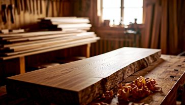 A hyper-realistic, professional photograph in the style of a feature for The English Home magazine. The shot captures a master craftsman's workbench in a rustic, light-filled British workshop. On the bench lies a large, half-finished piece of English oak, its rich grain beautifully illuminated by soft, natural light coming from a nearby window. Shavings of wood are scattered around. In the background, stacks of various hardwoods like ash and walnut are neatly organised, with tools of the trade—chisels, hand planes—hanging on the wall. The mood is one of timeless quality, heritage, and authentic British craftsmanship.