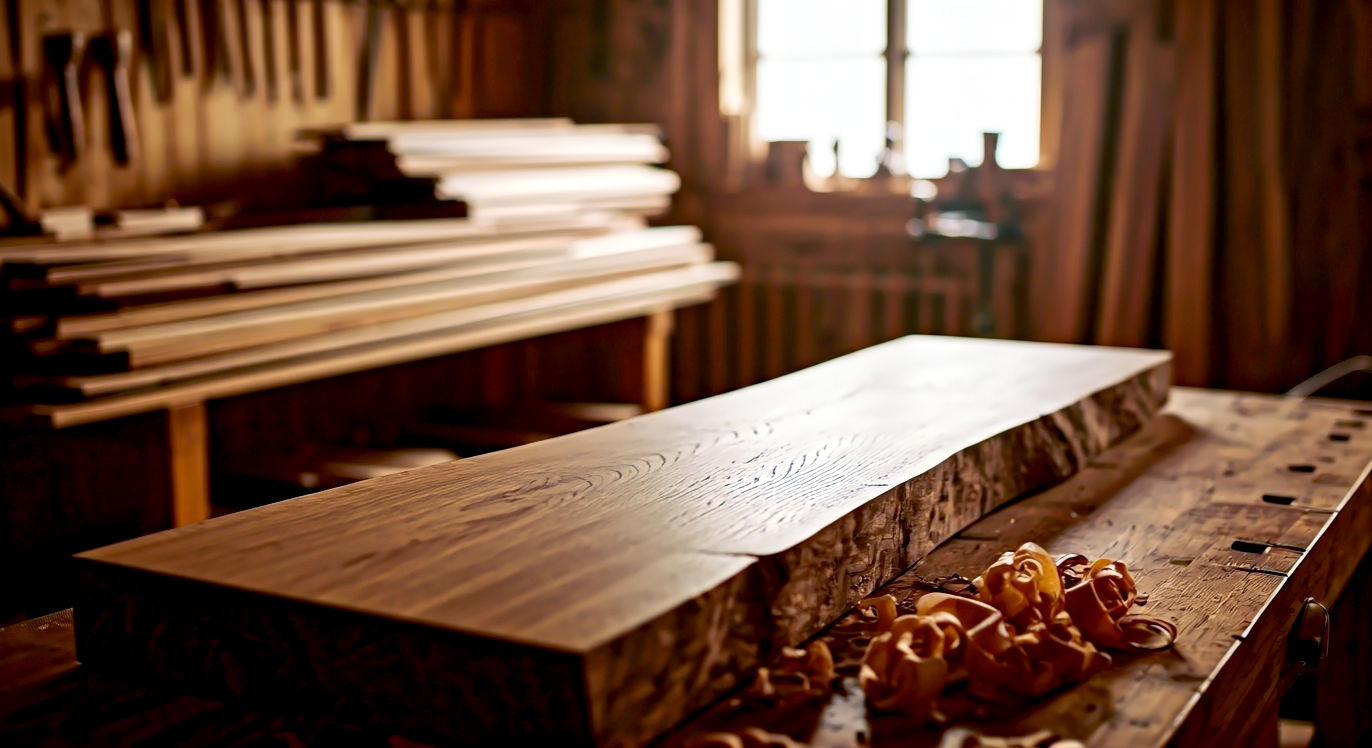 A hyper-realistic, professional photograph in the style of a feature for The English Home magazine. The shot captures a master craftsman's workbench in a rustic, light-filled British workshop. On the bench lies a large, half-finished piece of English oak, its rich grain beautifully illuminated by soft, natural light coming from a nearby window. Shavings of wood are scattered around. In the background, stacks of various hardwoods like ash and walnut are neatly organised, with tools of the trade—chisels, hand planes—hanging on the wall. The mood is one of timeless quality, heritage, and authentic British craftsmanship.