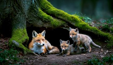 A hyper-realistic, professional wildlife photograph in the style of a BBC Springwatch feature. A beautiful red fox is lying watchfully at the entrance to her den, which is tucked into the mossy roots of an old oak tree in a British woodland. Two or three fluffy, reddish-brown fox cubs, about six weeks old, are tumbling playfully just outside the den. One cub looks directly at the camera with wide, curious amber eyes. The scene is illuminated by soft, golden-hour sunlight filtering through the leaves, creating an intimate, tender, and quintessentially British wildlife moment.