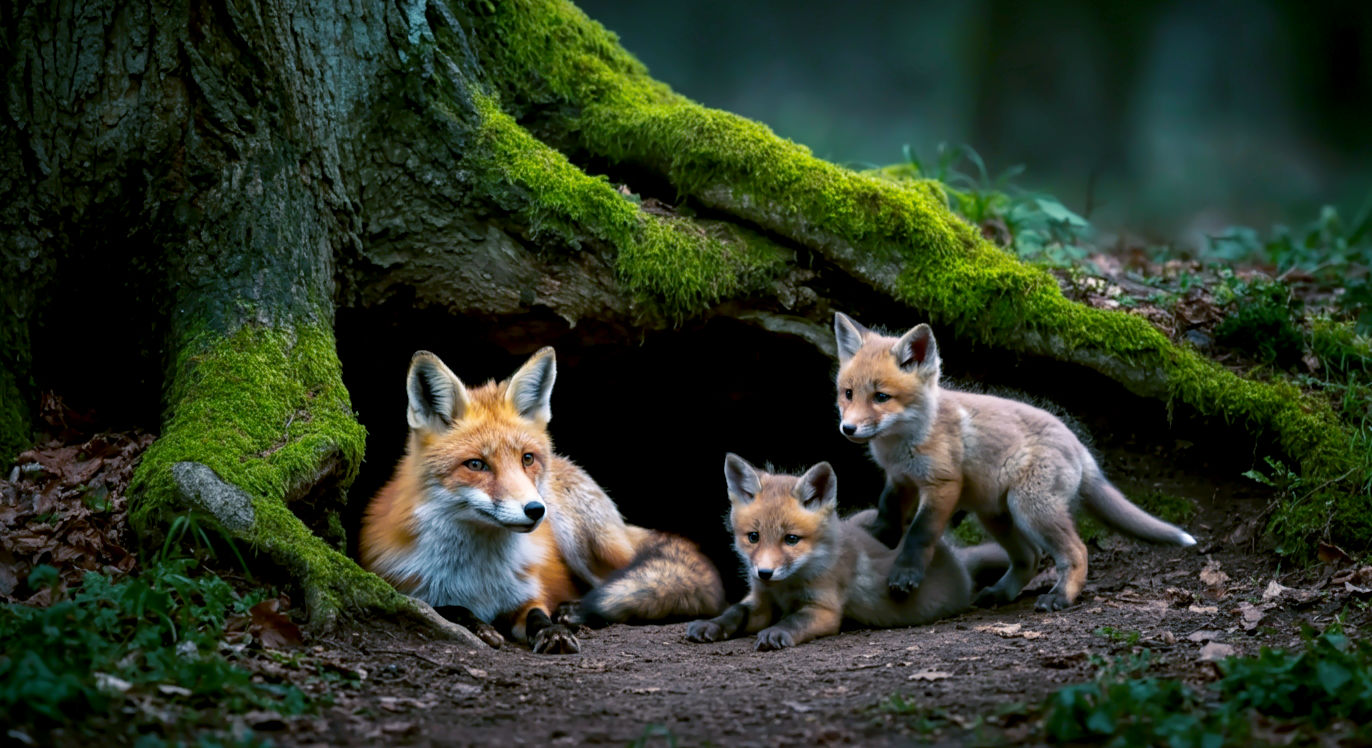 A hyper-realistic, professional wildlife photograph in the style of a BBC Springwatch feature. A beautiful red fox is lying watchfully at the entrance to her den, which is tucked into the mossy roots of an old oak tree in a British woodland. Two or three fluffy, reddish-brown fox cubs, about six weeks old, are tumbling playfully just outside the den. One cub looks directly at the camera with wide, curious amber eyes. The scene is illuminated by soft, golden-hour sunlight filtering through the leaves, creating an intimate, tender, and quintessentially British wildlife moment.