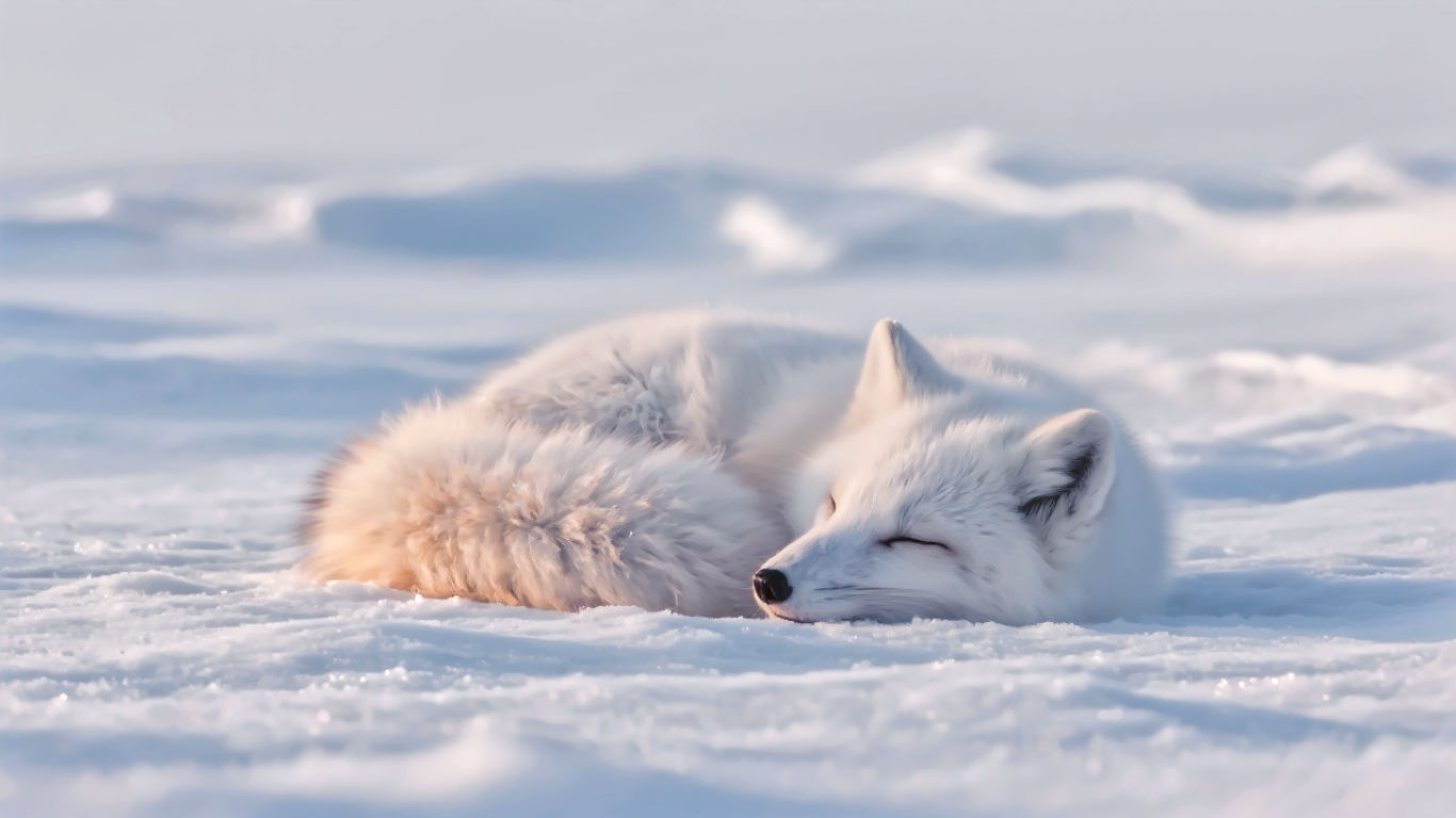 A hyper-realistic, professional wildlife photograph capturing the essence of the Arctic. An Arctic fox in its thick, pristine white winter coat is the central focus, curled up asleep on a blanket of pure white snow. Its bushy tail is wrapped tightly around its body, covering its nose. The lighting is the soft, low-angled glow of the Arctic winter sun, casting long, gentle blue shadows on the snow. The background is a vast, minimalist expanse of windswept snow and ice, conveying a sense of serene isolation and extreme cold. The mood is peaceful yet powerfully resilient.